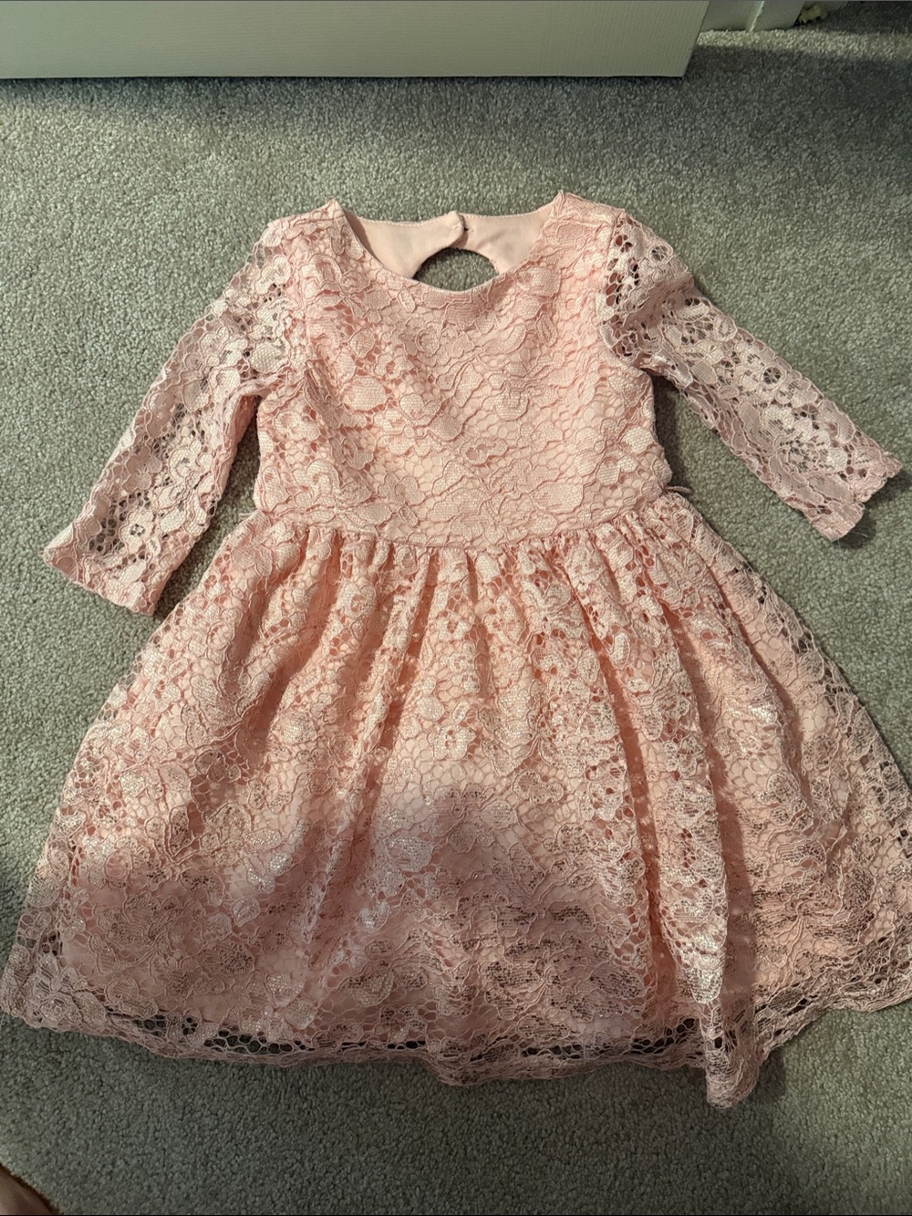 Girls' Pink Floral Lace Occasion Dress with Three-Quarter Sleeves